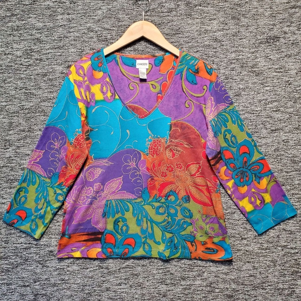 Chicos Knit Top Womens Large Purple‎ Floral 100% Cotton Artsy Boho Retro Summer